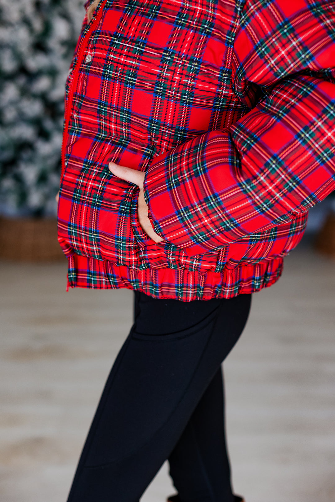 HOLIDAY RED PLAID PUFFER JACKET