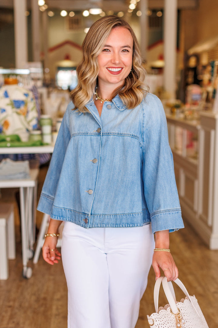 RISEN: LIGHT DENIM CROPPED CAPE JACKET