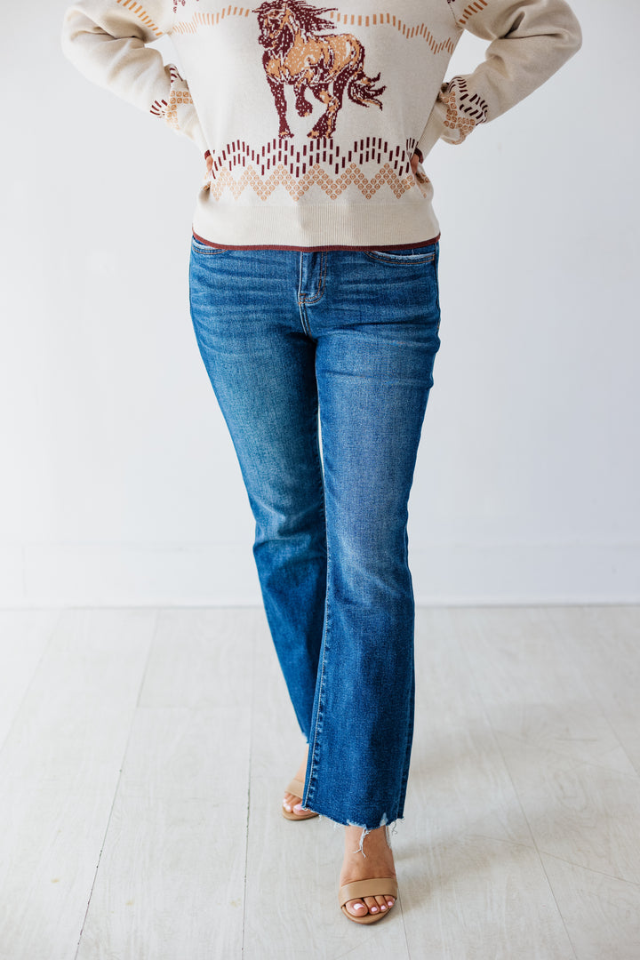 DARK DENIM MID RISE CROP BOOT JEAN