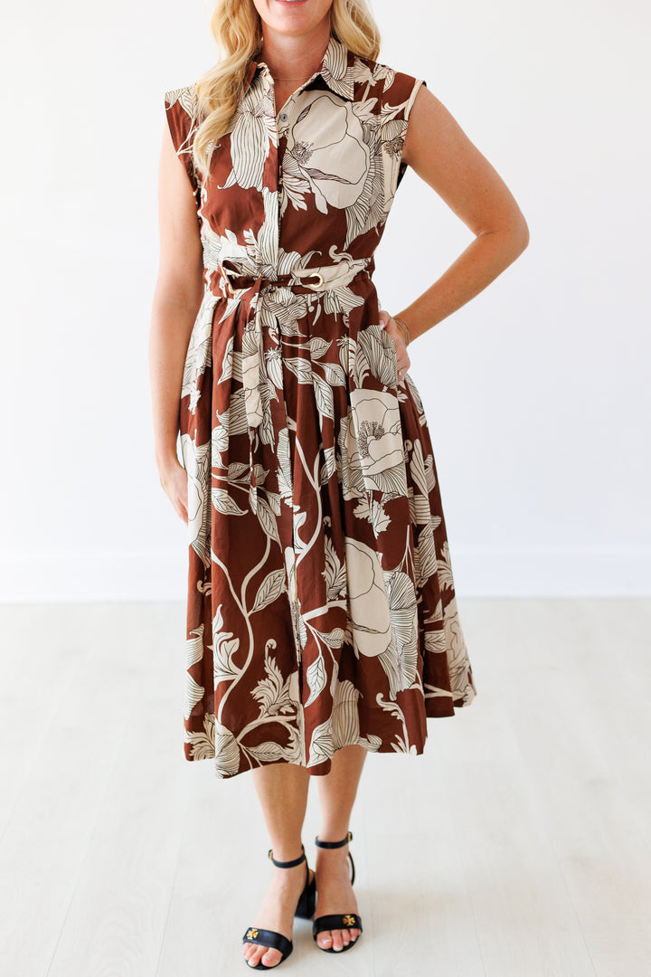 BROWN TIMELESS BLOOM MIDI DRESS