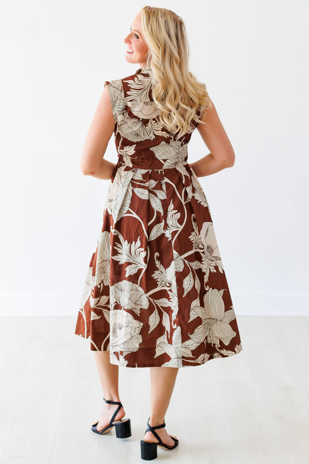 BROWN TIMELESS BLOOM MIDI DRESS
