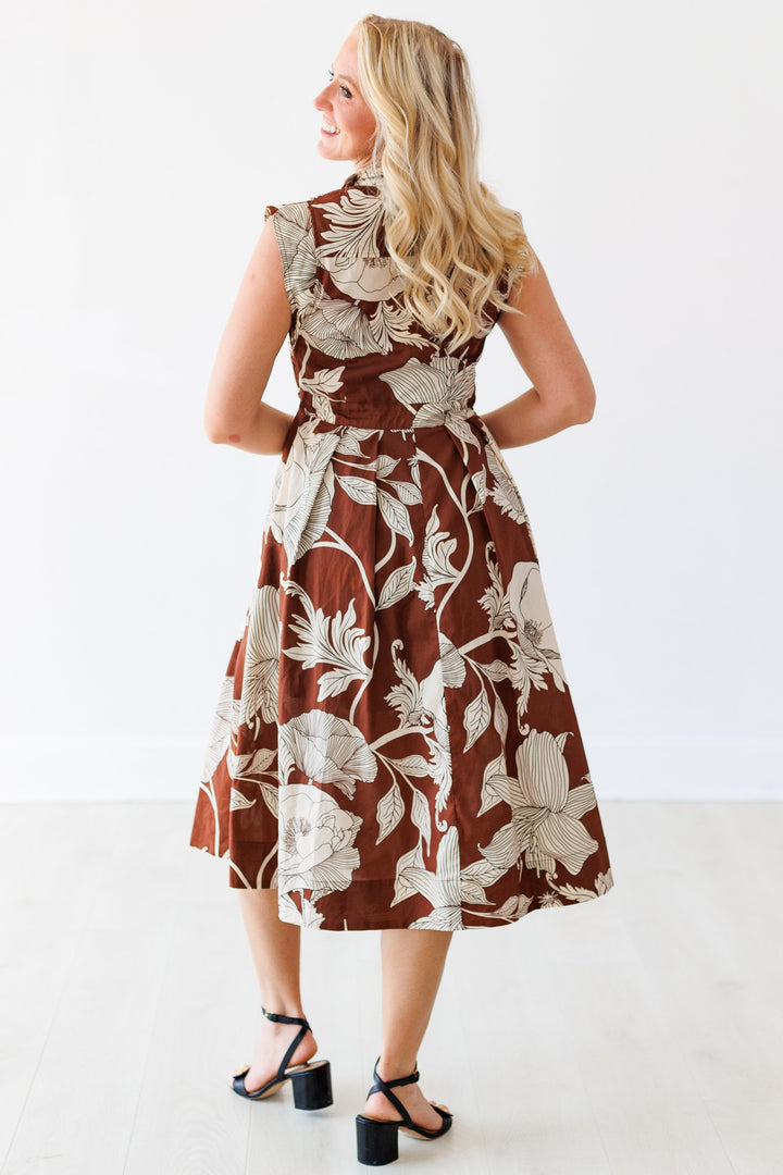 BROWN TIMELESS BLOOM MIDI DRESS