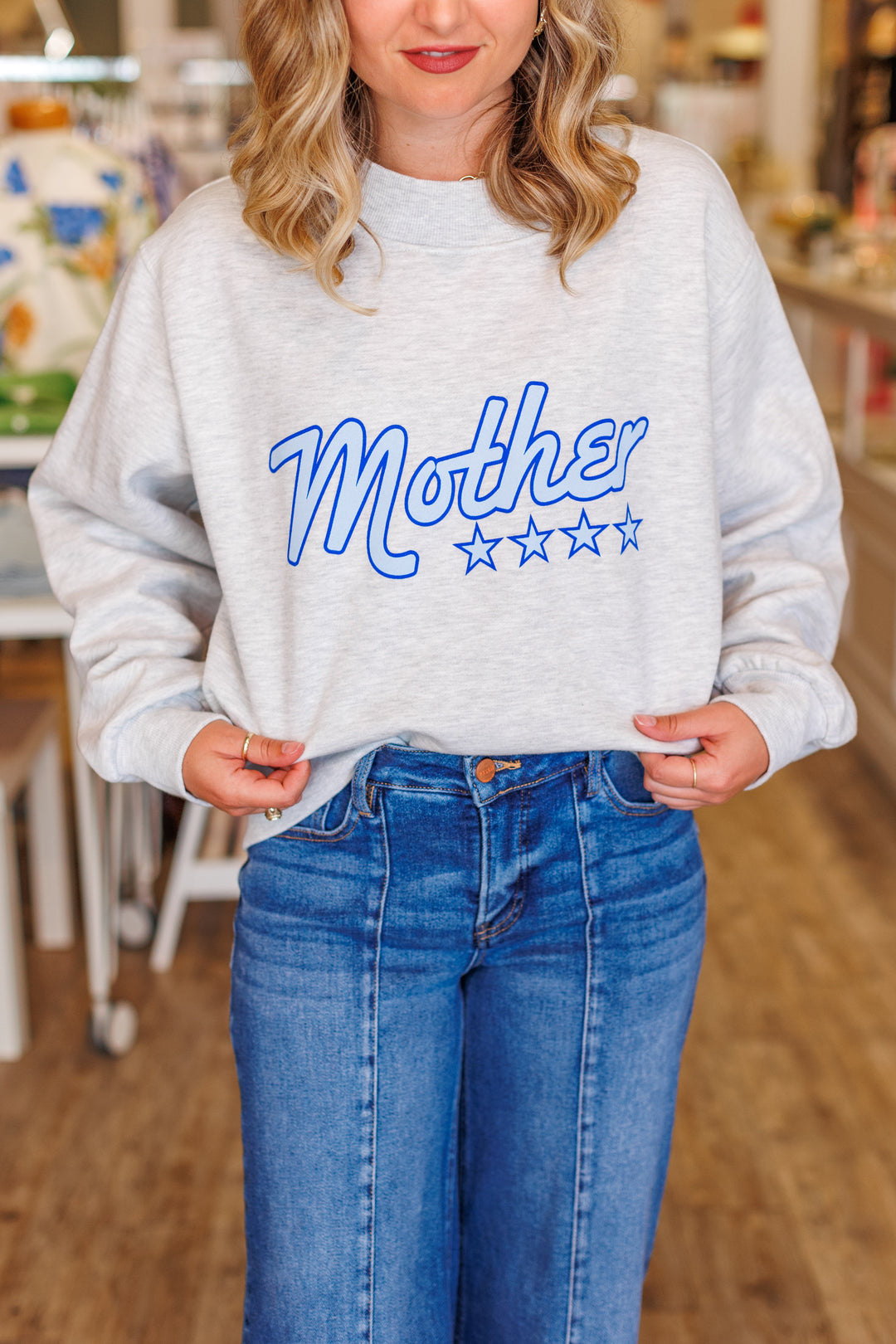 MOTHER STAR MOCKNECK SWEATSHIRT-BLUE