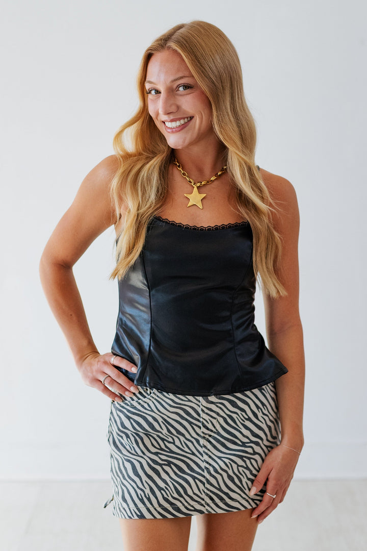 STACY LEATHER CAMI TOP- BLACK