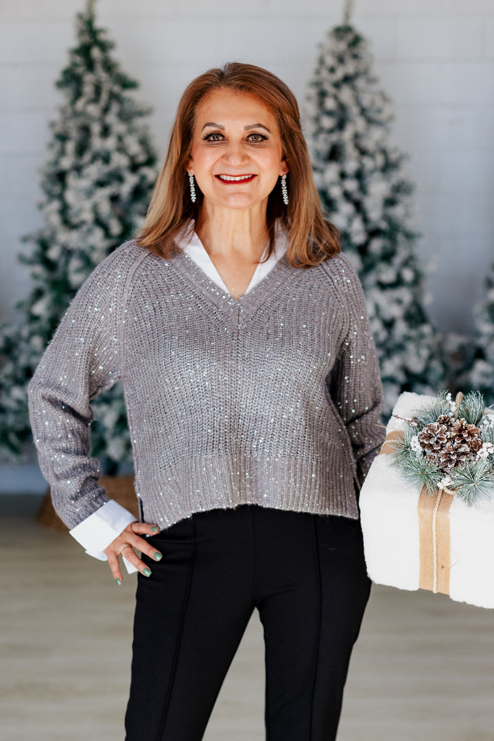SEQUIN GREY LAYERED SWEATER