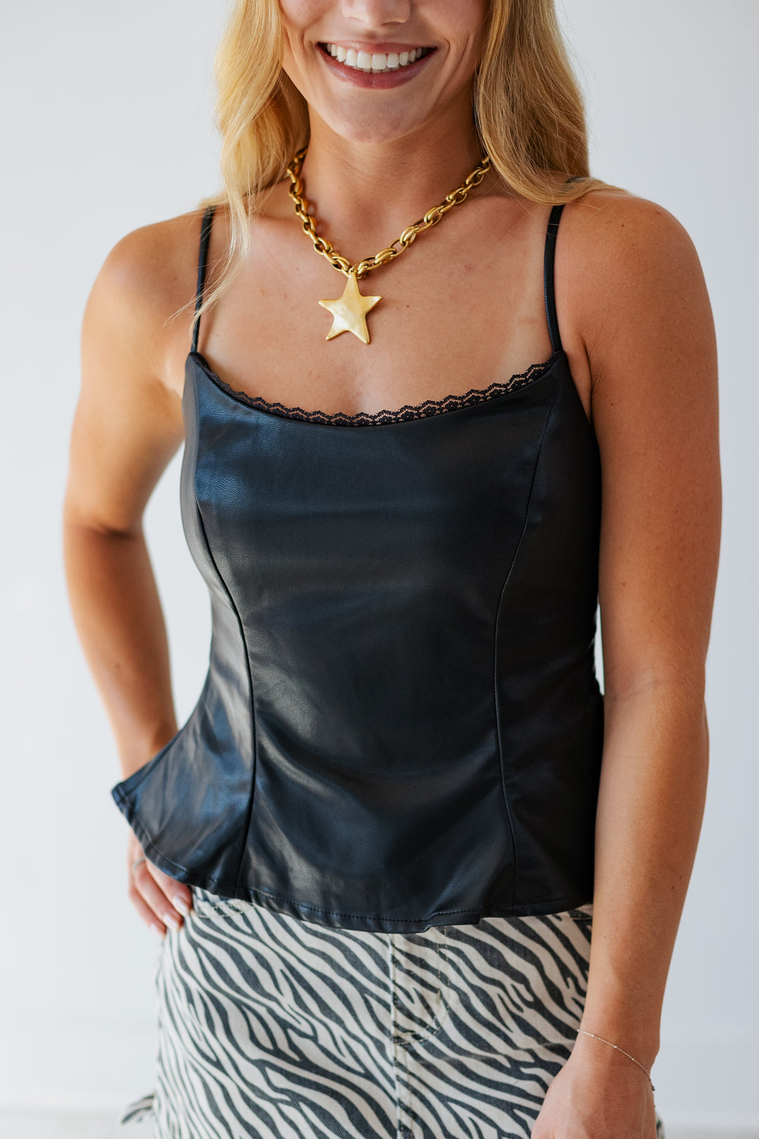 STACY LEATHER CAMI TOP- BLACK