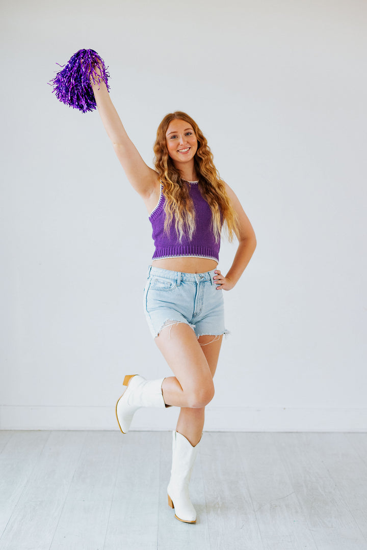 STITCH DETAIL SLEEVELESS SWEATER: PURPLE
