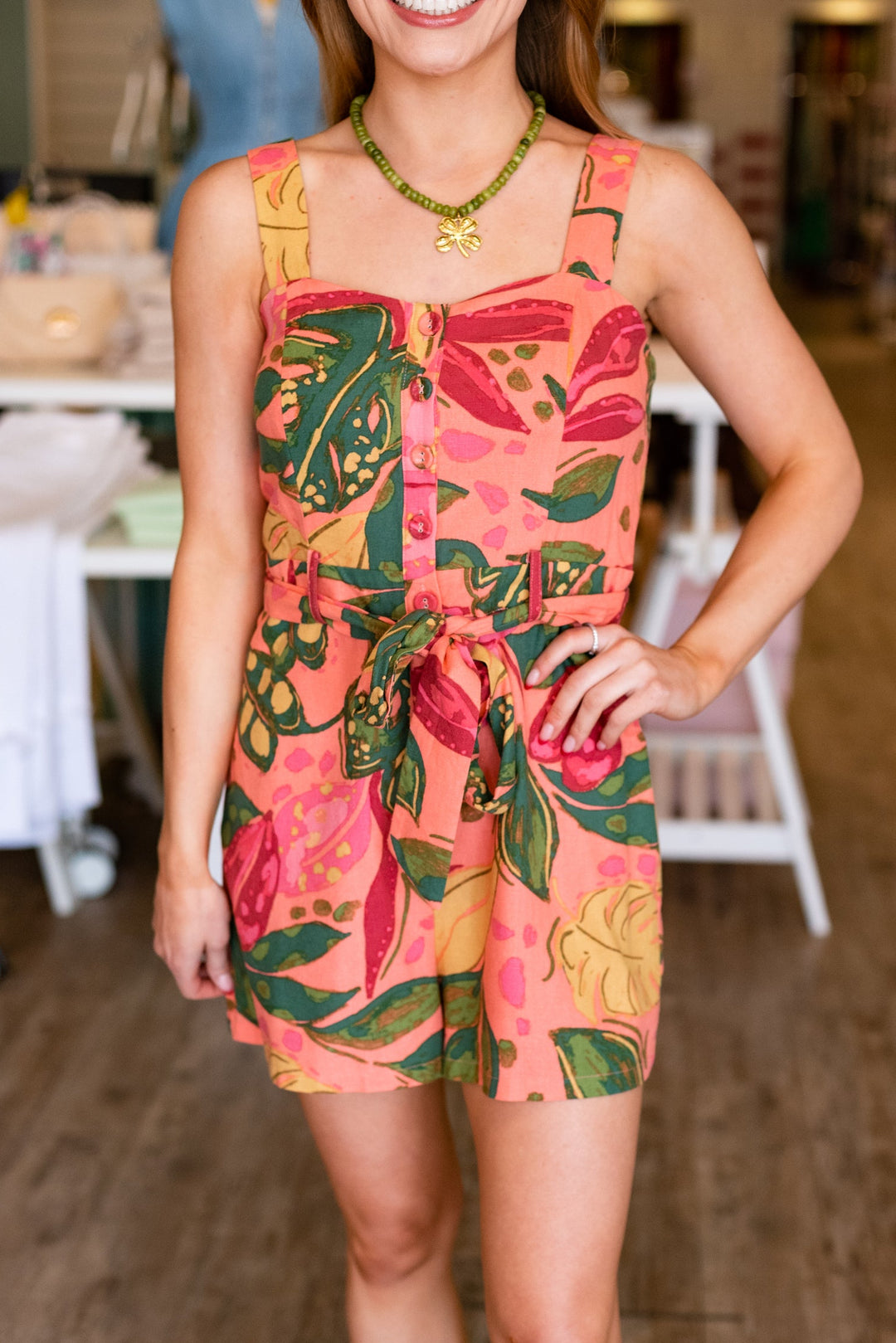 PINK FLORALS LINEN ROMPER