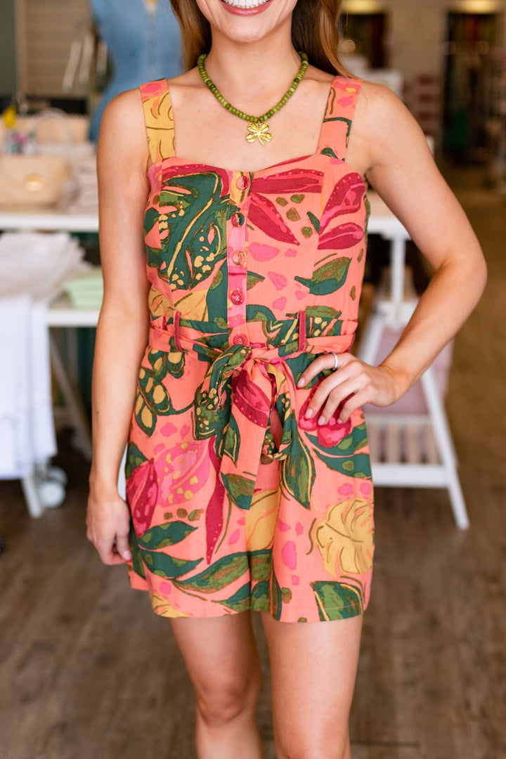 PINK FLORALS LINEN ROMPER