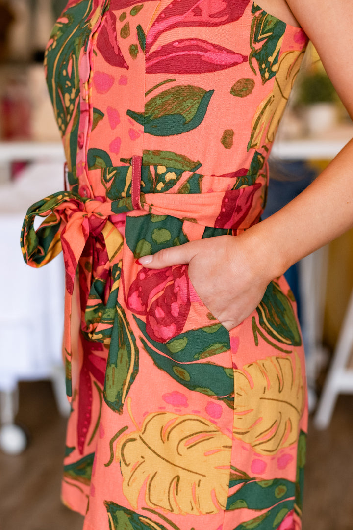 PINK FLORALS LINEN ROMPER