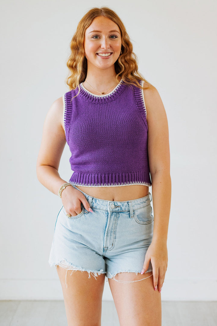 STITCH DETAIL SLEEVELESS SWEATER: PURPLE