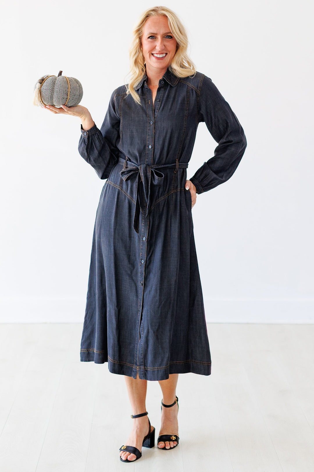 BLACK DENIM BUTTON MAXI DRESS