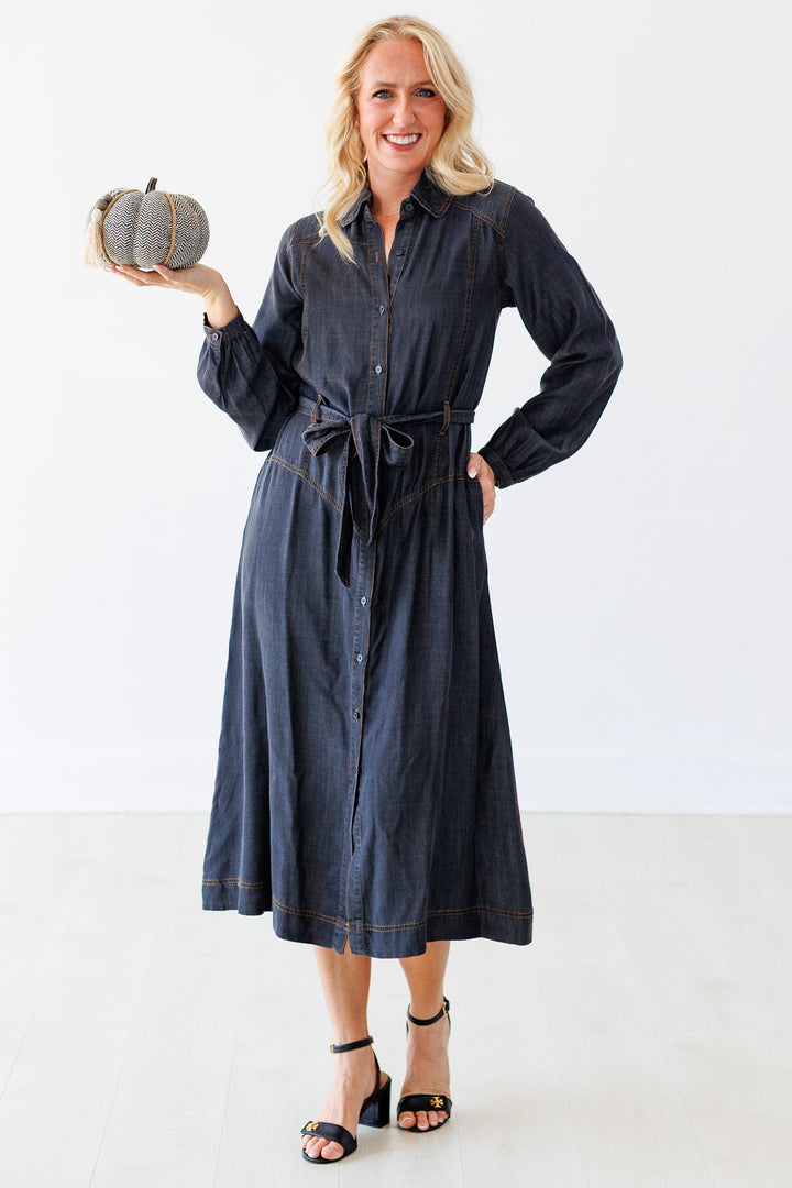 BLACK DENIM BUTTON MAXI DRESS