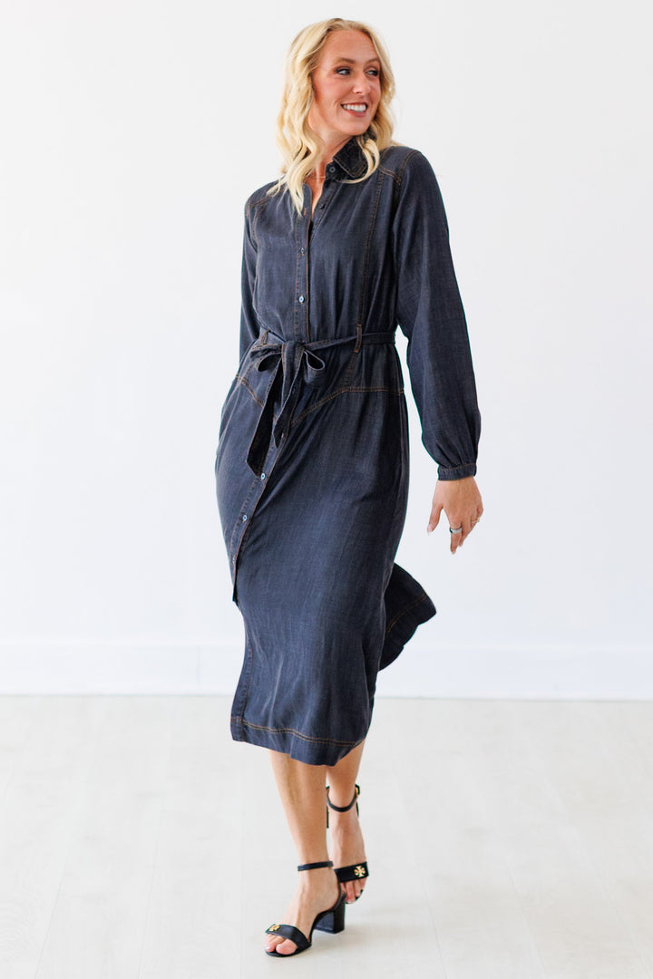 BLACK DENIM BUTTON MAXI DRESS