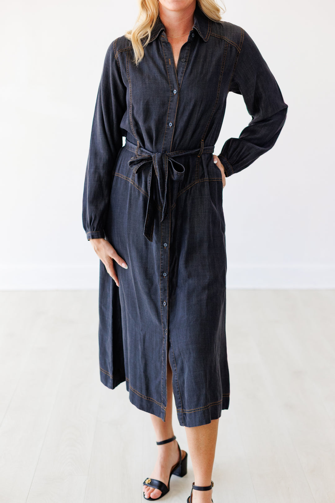 BLACK DENIM BUTTON MAXI DRESS