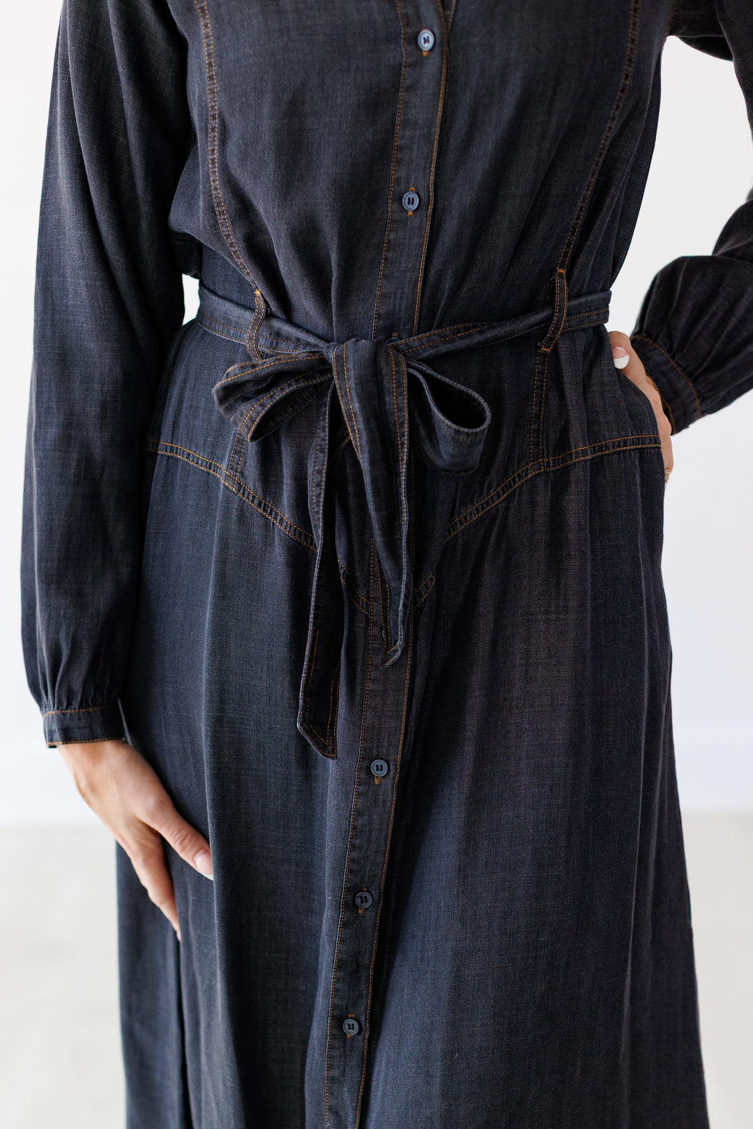 BLACK DENIM BUTTON MAXI DRESS