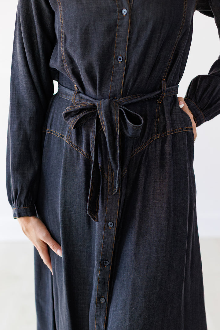 BLACK DENIM BUTTON MAXI DRESS