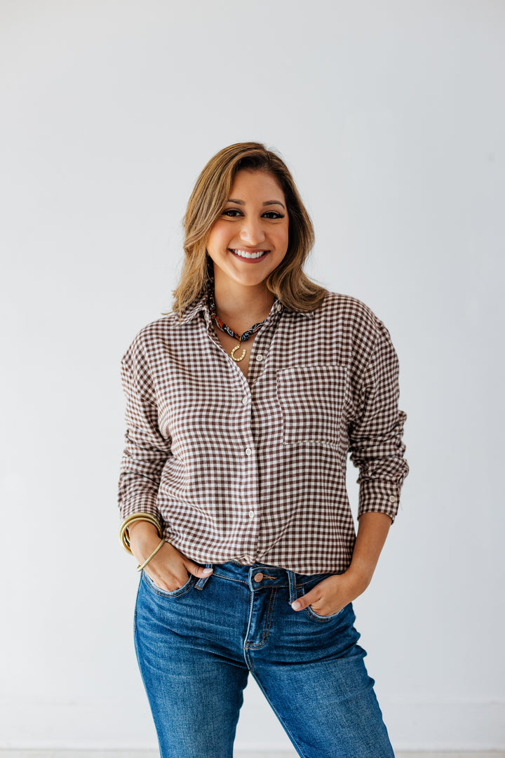 Z SUPPLY: RIVER PLAID BUTTON UP- CHOCOLATE CHERRY