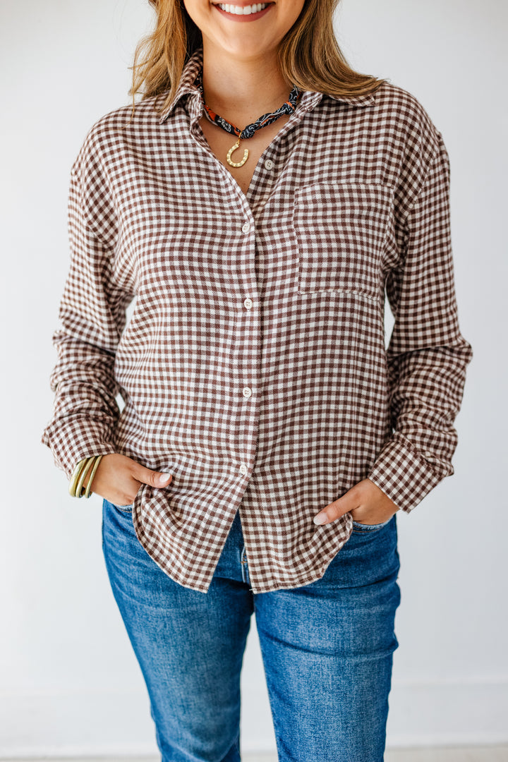 Z SUPPLY: RIVER PLAID BUTTON UP- CHOCOLATE CHERRY