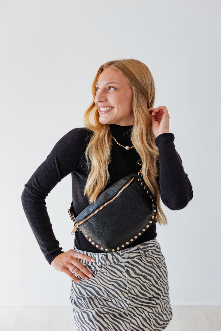 GIZELLE STUDDED BELT BAG- BLACK