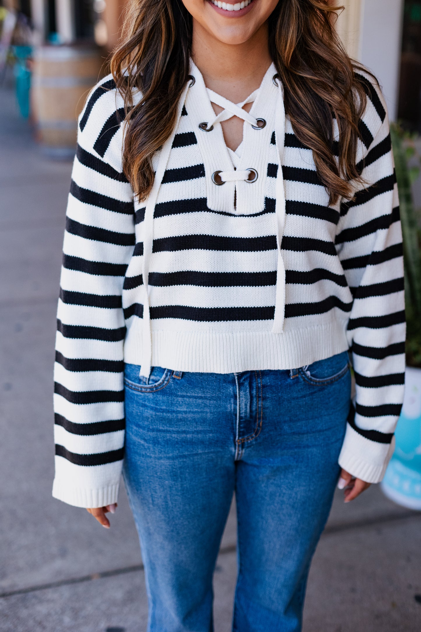 AHOY STRIPE LACE UP SWEATER