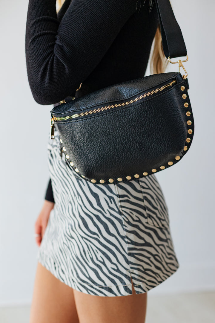 GIZELLE STUDDED BELT BAG- BLACK