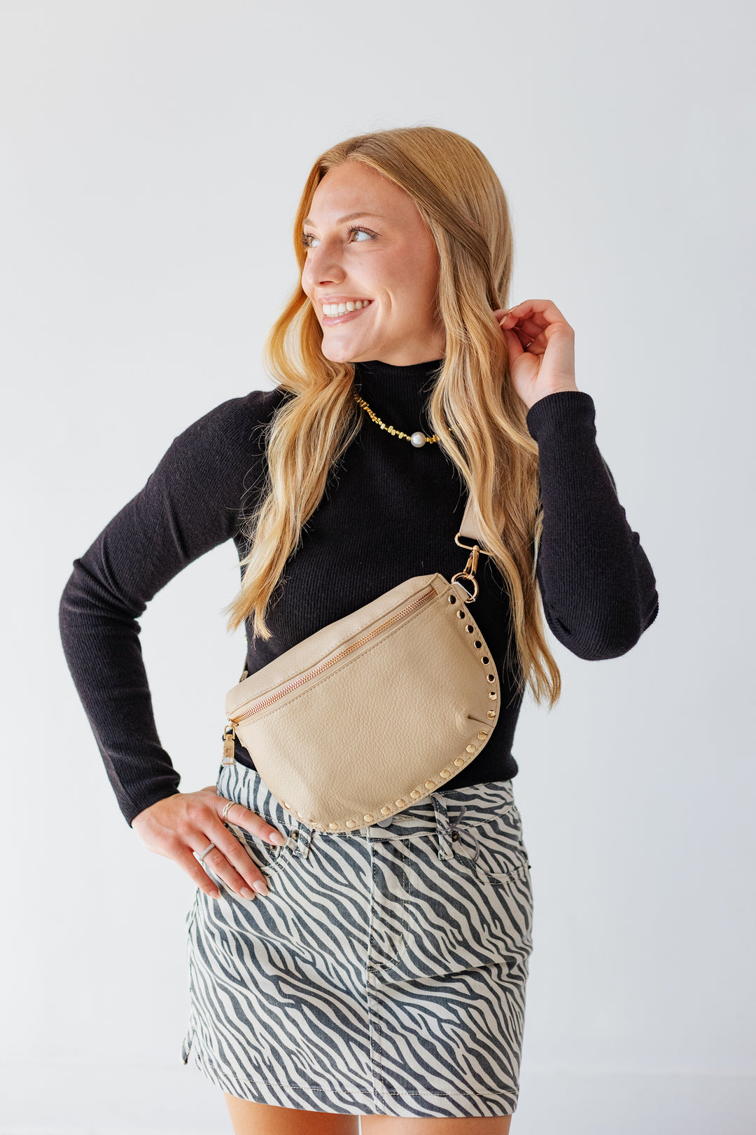 GIZELLE STUDDED BELT BAG- NATURAL