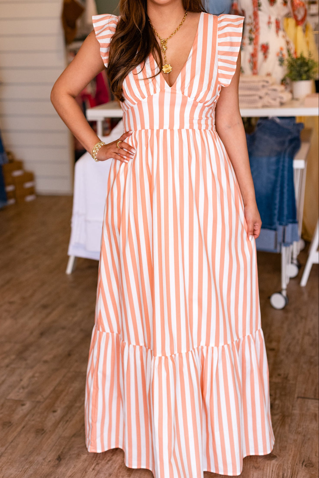 CANDY CORAL STRIPED TIE BACK MAXI DRESS