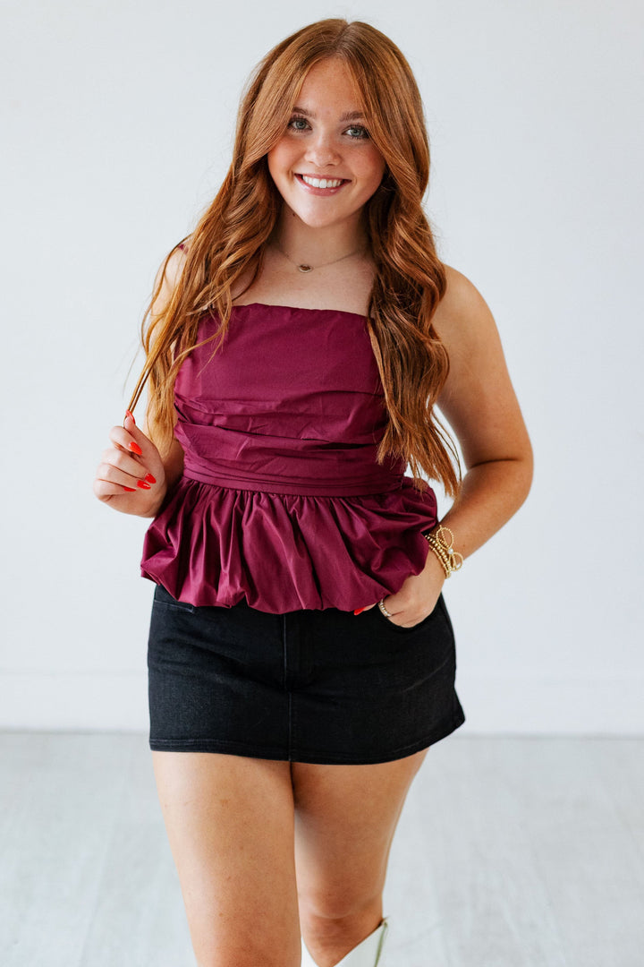 BURGUNDY RUCHED POPLIN TOP