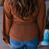 CHOCOLATE SILK WRAP BLOUSE