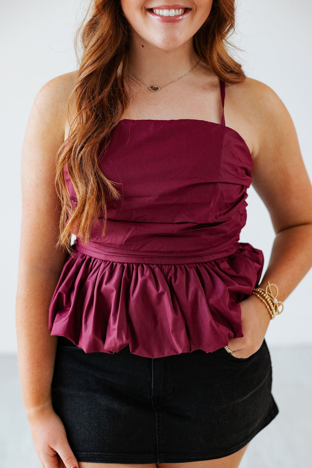 BURGUNDY RUCHED POPLIN TOP