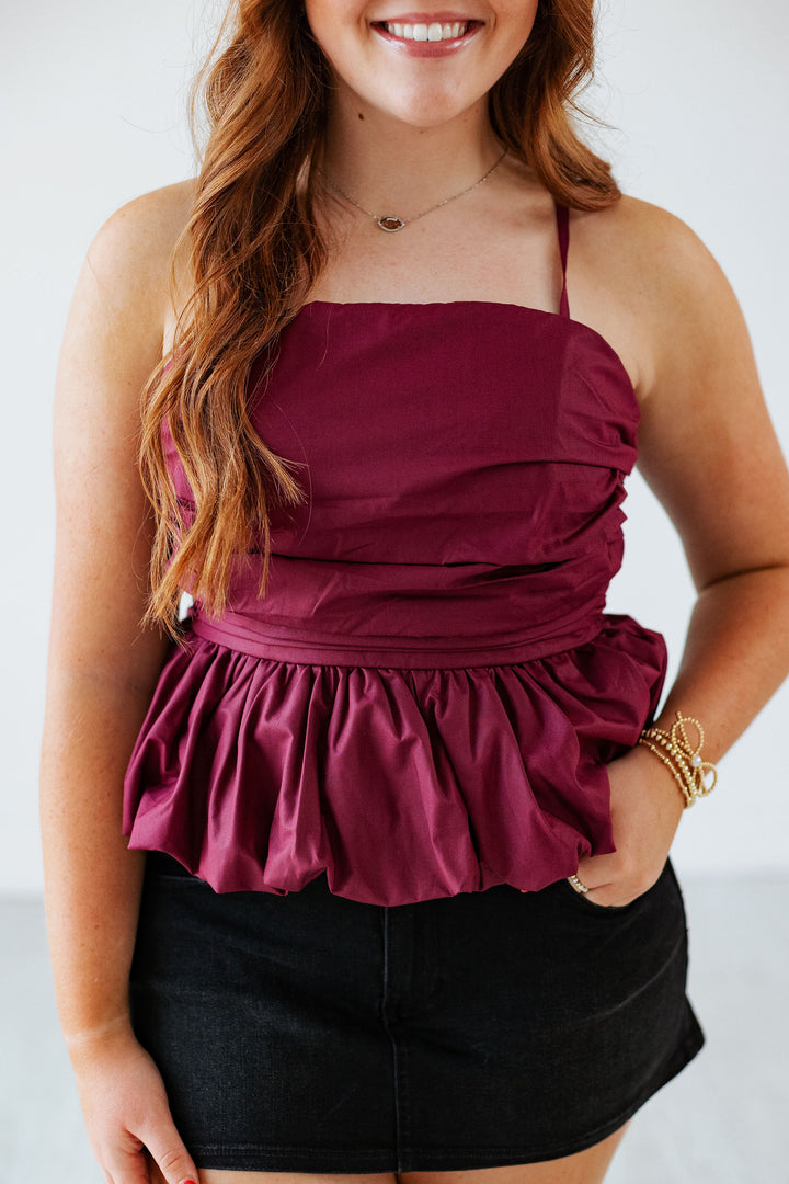 BURGUNDY RUCHED POPLIN TOP