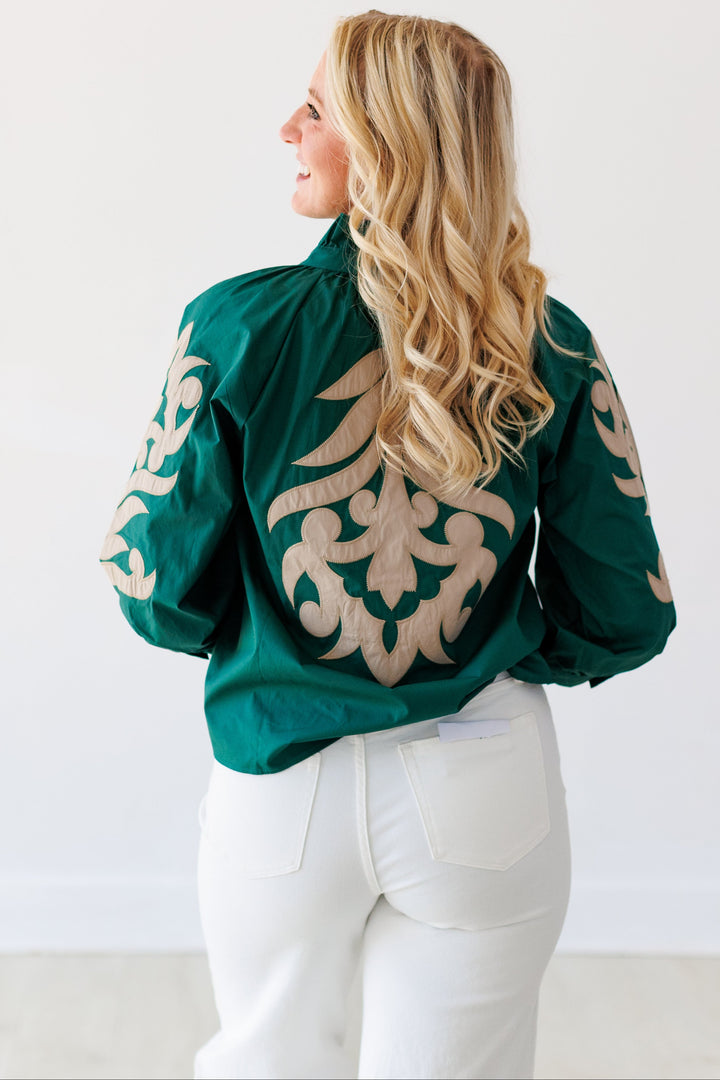 APPLIQUE 3/4 SLEEVE BLOUSE - HUNTER GREEN