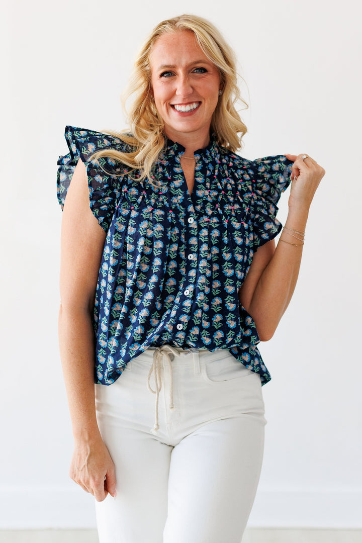 NAVY FLORAL FLUTTER BLOUSE