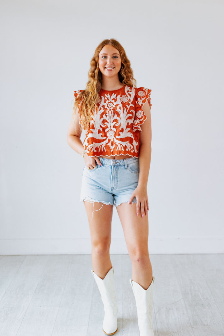 BURNT ORANGE EMBROIDERED TOP