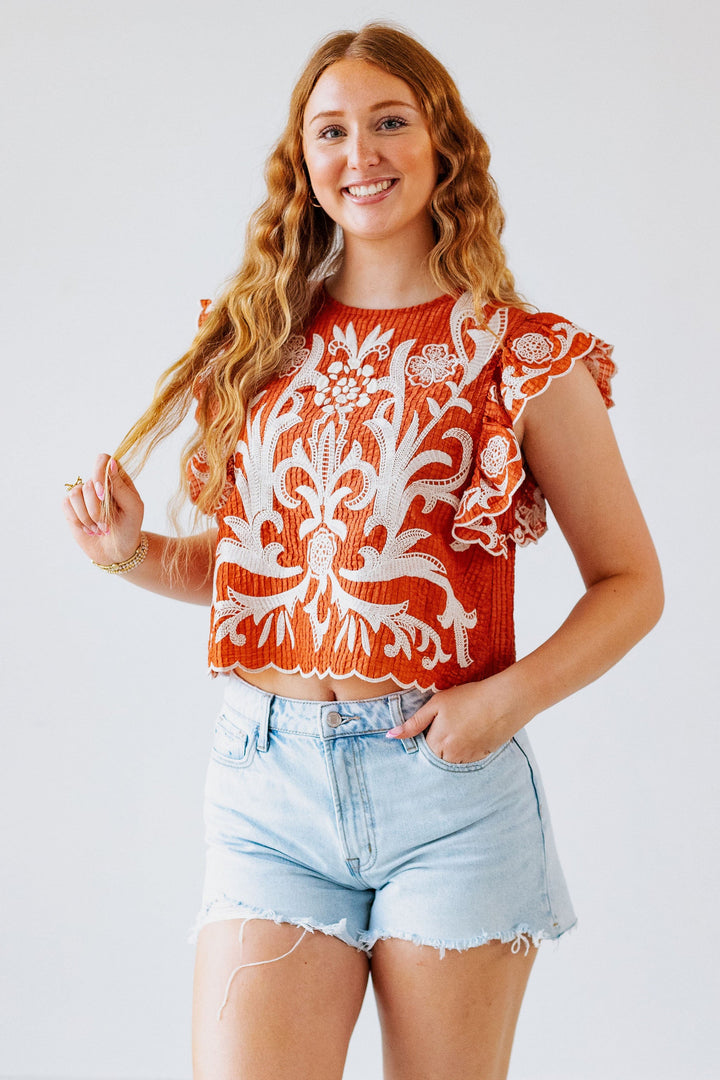 BURNT ORANGE EMBROIDERED TOP