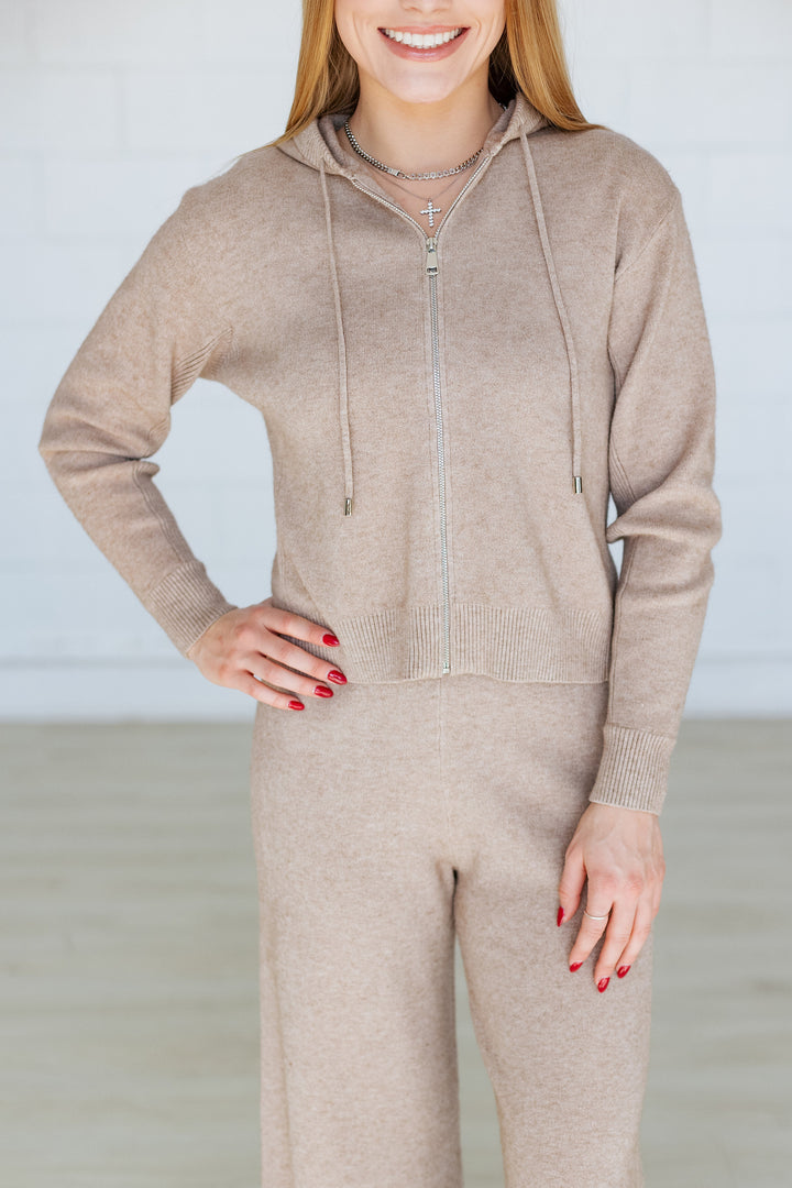 RIBBED KNIT ZIP UP HOODIE- OATMEAL