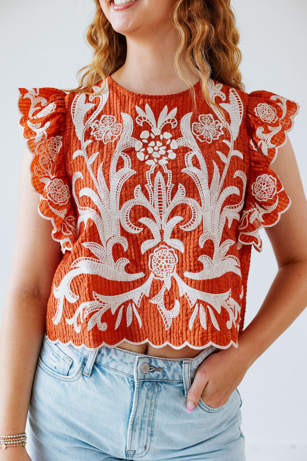 BURNT ORANGE EMBROIDERED TOP