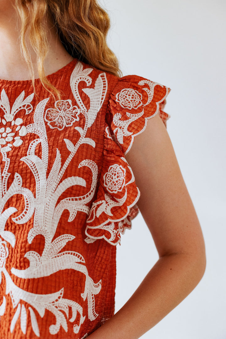 BURNT ORANGE EMBROIDERED TOP