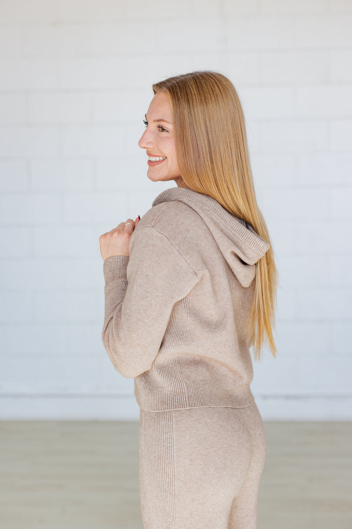 RIBBED KNIT ZIP UP HOODIE- OATMEAL
