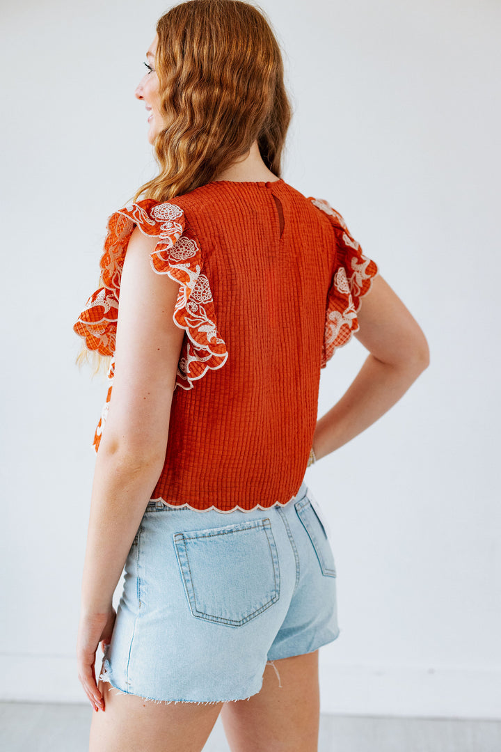 BURNT ORANGE EMBROIDERED TOP