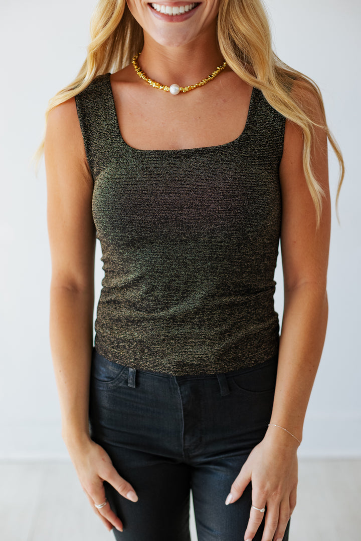 NIKIBIKI: LUREX SQUARE NECK TOP- BLACK