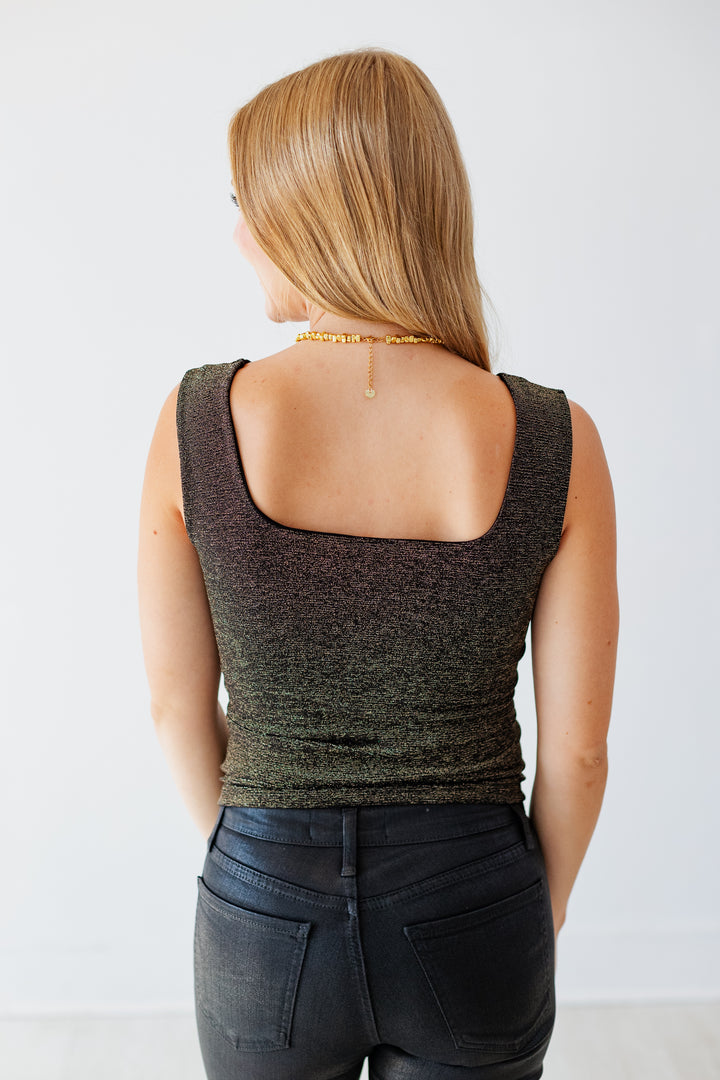 NIKIBIKI: LUREX SQUARE NECK TOP- BLACK
