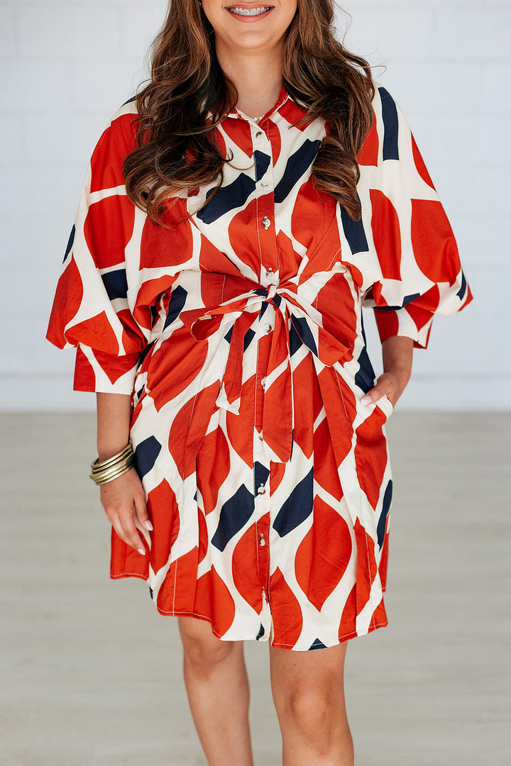 MONICA RUST & NAVY WAIST TIE MINI DRESS