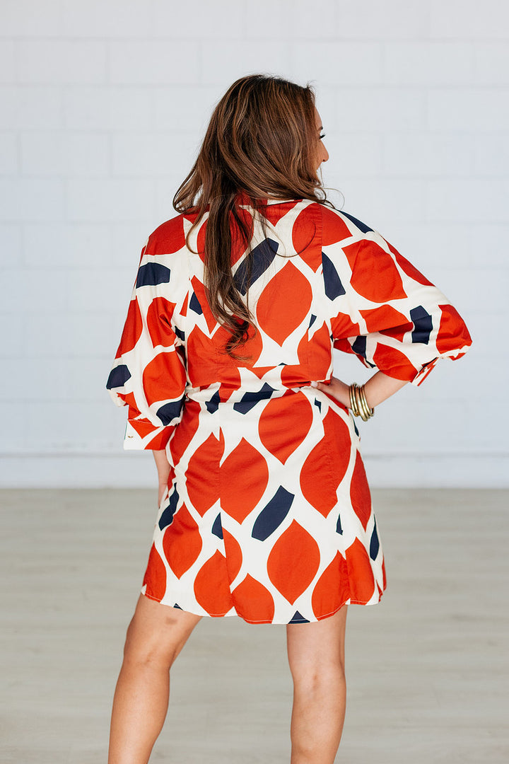 MONICA RUST & NAVY WAIST TIE MINI DRESS