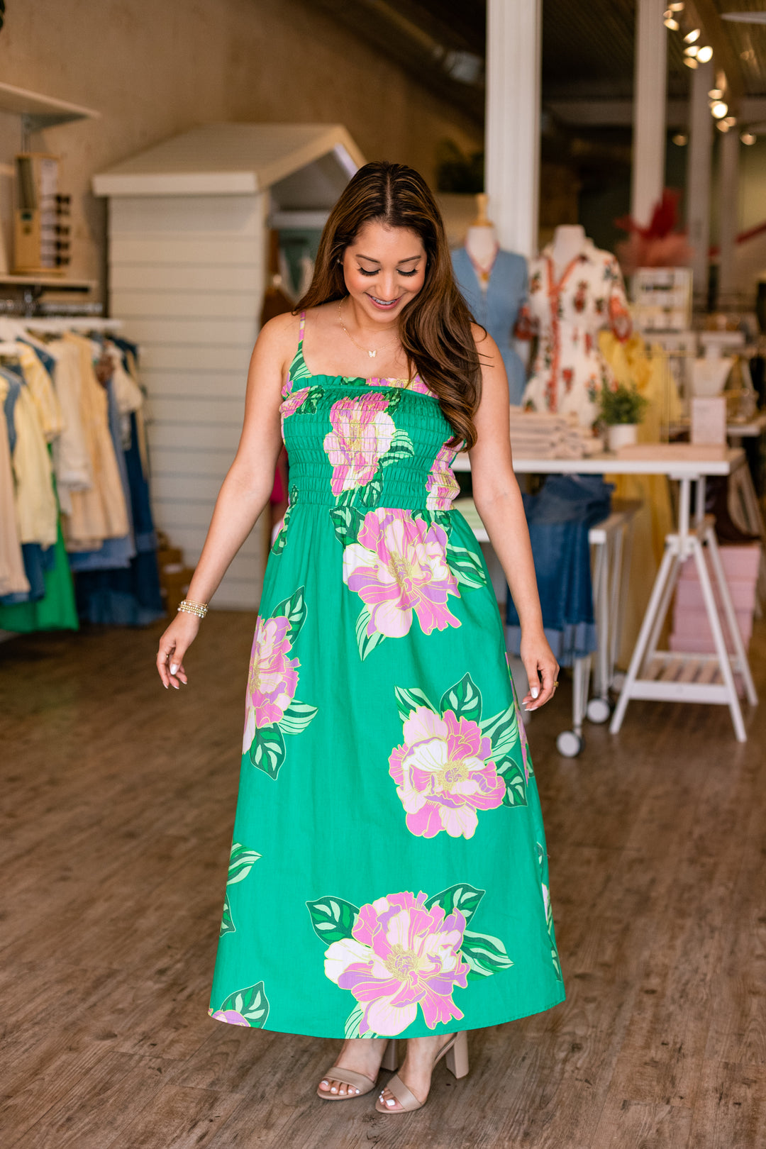 GREEN & PINK FLORAL MAXI DRESS XS