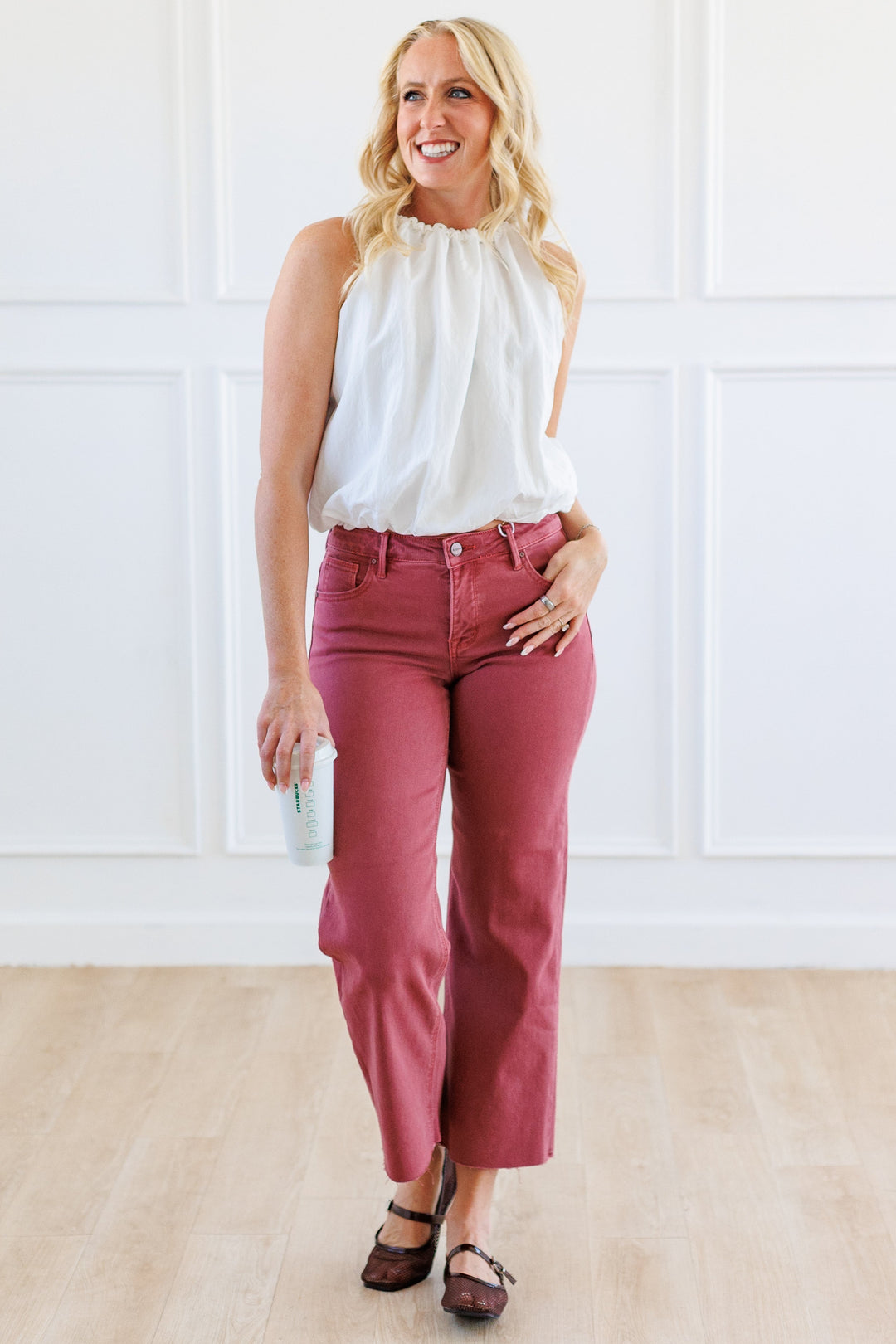 RISEN: RUST HIGH-RISE ANKLE STRAIGHT PANTS