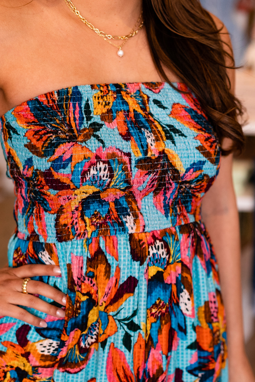 BELLA FLORAL STRAPLESS SMOCKED MAXI DRESS