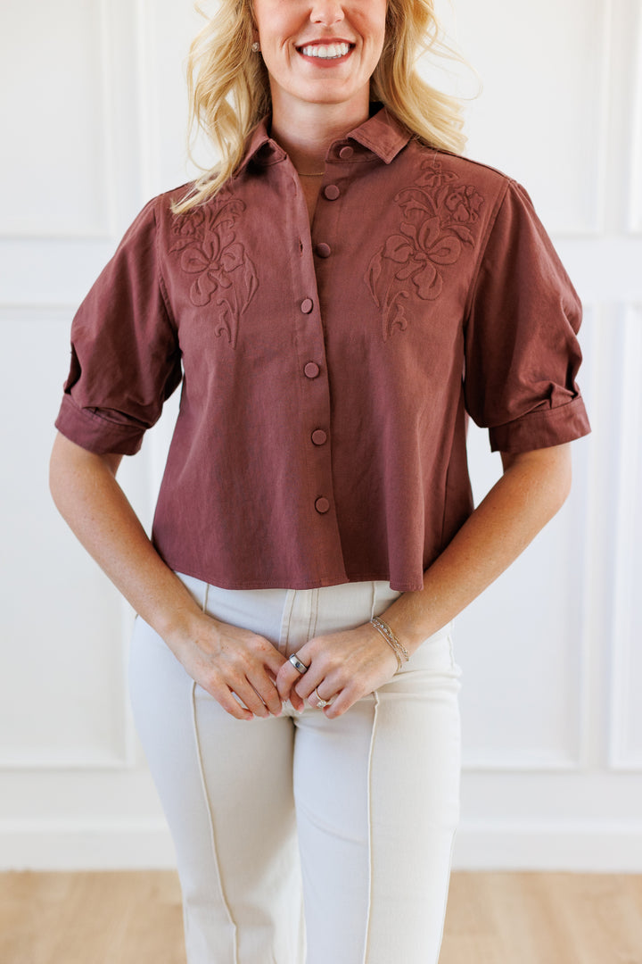 CHOCOLATE EMBROIDERED CROP JACKET
