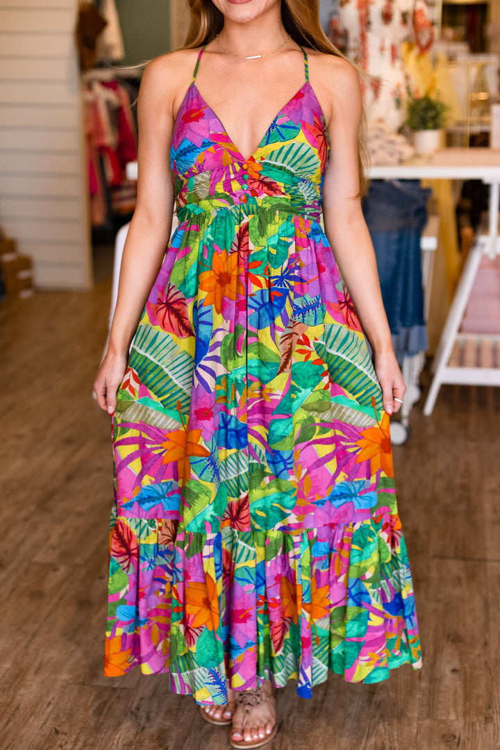 SUNSHINE RIO TIE BACK MIDI DRESS